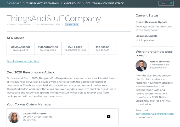 [DIARGRAM] Corvus Policyholder Dashboard - Sample Claims Detail Page