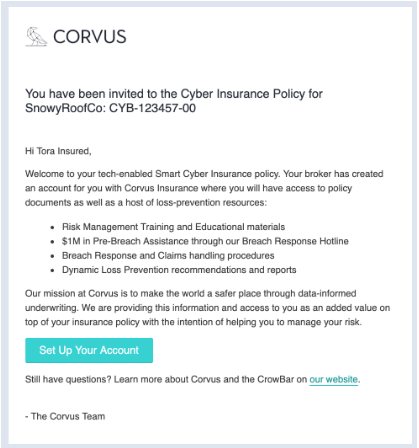 [DIAGRAM] Invite Email from Broker to Join Corvus Policy