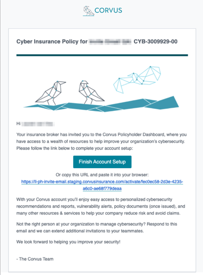 [DIAGRAM] Sample Email Invitation to Join Corvus Policyholder Dashboard