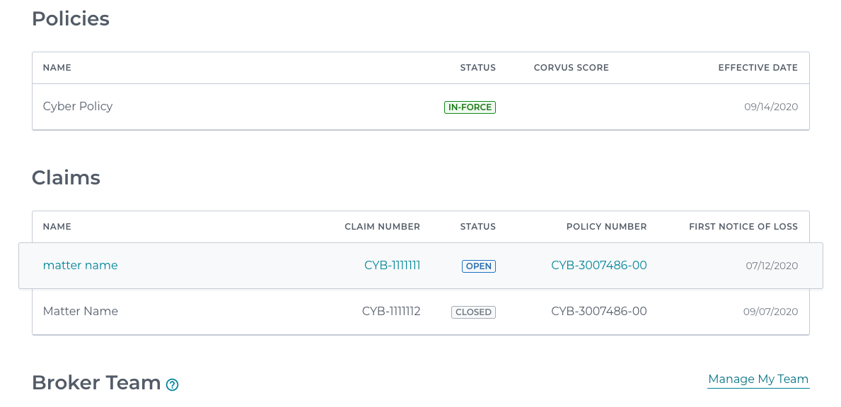 [DIARGRAM] Corvus Policyholder Dashboard - Sample Policy & Claims Page